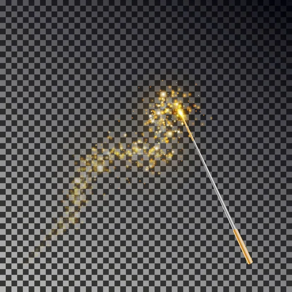 Zauberstabvektor. transparenter Wunderstab mit leuchtend gelbem Lichtschweif isoliert auf dunklem Hintergrund — Stockvektor
