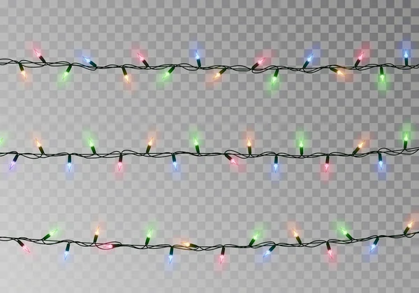 Christmas färg lampor string. Transparent effekt dekoration isolerad på mörk bakgrund. Realistiska — Stock vektor