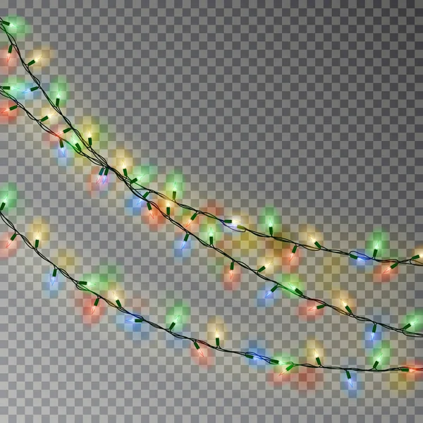 Kerst kleur lichten tekenreeks. Doorzichtige effect decoratie geïsoleerd op donkere achtergrond. Realistische — Stockvector