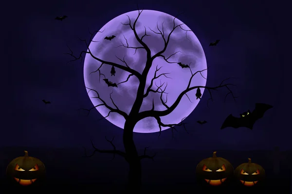 Fundo de Halloween com árvore, lua cheia e abóboras na noite escura isolada. Lua de Halloween, assustadora —  Vetores de Stock