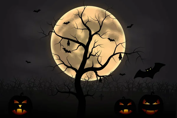 Fundo de Halloween com árvore, lua cheia e abóboras na noite escura isolada. Lua de Halloween, assustadora —  Vetores de Stock