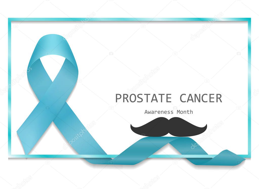Blue ribbon with border and mustache vector, isolated on white background. Prostate cancer awareness symbol in november. Realistic blue ribbon. Vector illustration.