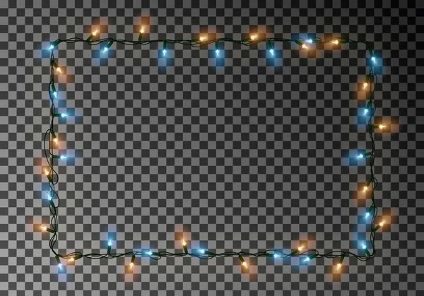 Kerstverlichting grens vector, lichte tekenreeks frame geïsoleerd op een donkere achtergrond met kopie ruimte. Tran — Stockvector