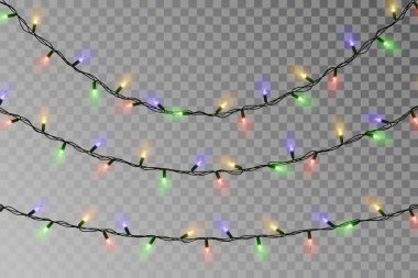 Noel renkli ışıklar dize. Koyu arka plan üzerinde izole saydamlık efektini dekorasyon. Gerçekçi 