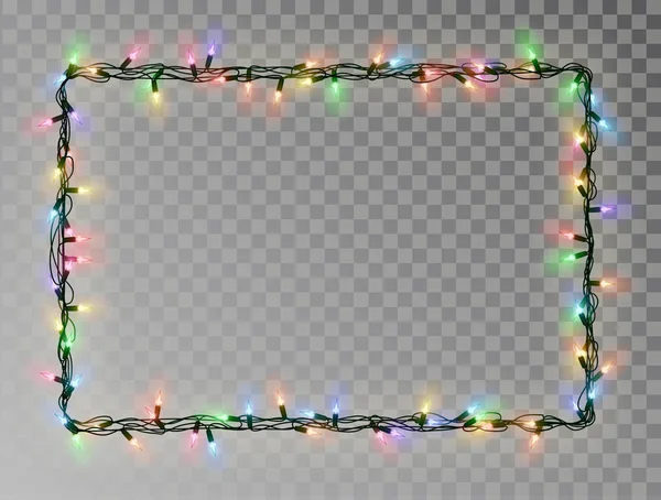 Luces navideñas vector de borde, marco de cadena de luz aislado sobre fondo oscuro con espacio de copia. Tran. — Vector de stock