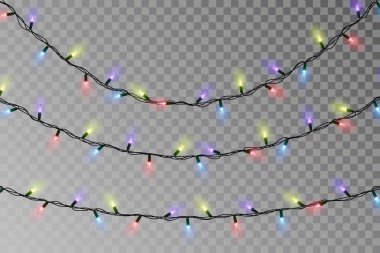 Noel renkli ışıklar dize. Koyu arka plan üzerinde izole saydamlık efektini dekorasyon. Gerçekçi 