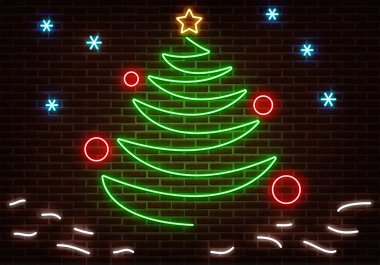 Neon mutlu yeni yıl ışık. Parti işareti koyu kırmızı tuğla duvara izole vektör ışık. Noel ağacı, 