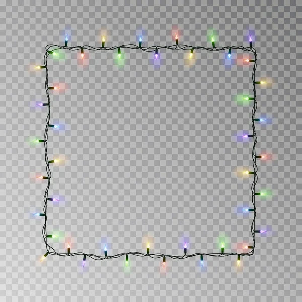 Luces navideñas vector cuadrado, marco de cadena de luz aislado sobre fondo oscuro con espacio de copia. Tran. — Vector de stock