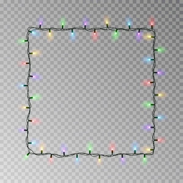 Kerstverlichting vierkante vector, lichte tekenreeks frame geïsoleerd op een donkere achtergrond met kopie ruimte. Tran — Stockvector