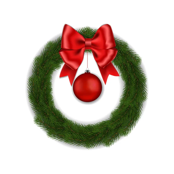 Πράσινο Χριστουγεννιάτικο στεφάνι με κόκκινη κορδέλα φιόγκο και μπάλα διάνυσμα που απομονώνονται σε λευκό φόντο. Χριστούγεννα στρογγυλή — Διανυσματικό Αρχείο