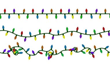 Noel ışıkları sorunsuz vektör dize. Beyaz arka plan üzerinde izole Xmas garland renk. Eski moda hafif dize deseni asılı. Vektör çizim.