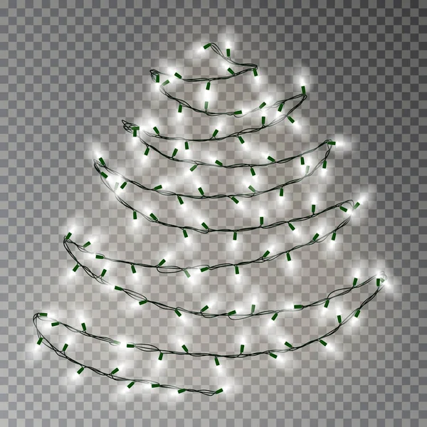 Christmas tree of white lights string. Transparent effect decoration isolated on dark background. Re — Stock Vector