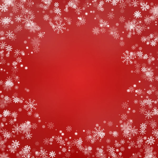 Snöflinga runt gränsen vektor isolerad på röd bakgrund. Christmas fallande snö ram. Vinter xmas — Stock vektor