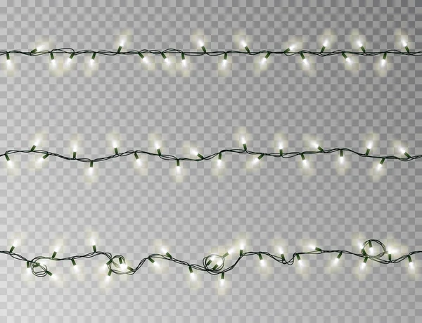 Lumières de Noël chaîne vecteur sans couture. Décoration effet blanc transparent isolée. Réaliste Chr — Image vectorielle