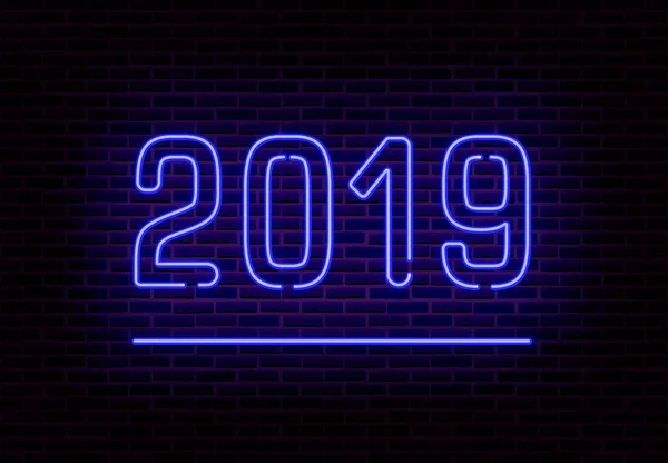 Happy 2019 New Year neon light vector. Retro transparent neon light effect isolated. Vector Illustra — Stock Vector