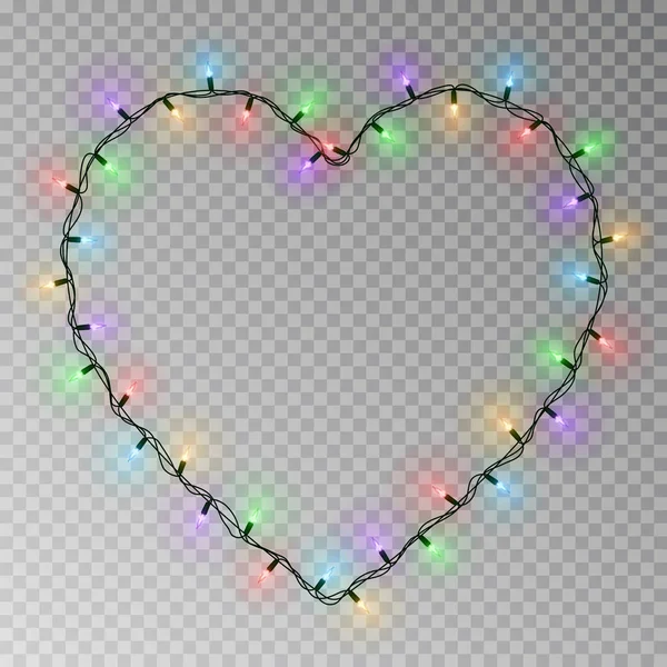 Julbelysning hjärta vektor. Genomskinlig ljus krans isolerad på transparent bakgrund. Realist — Stock vektor
