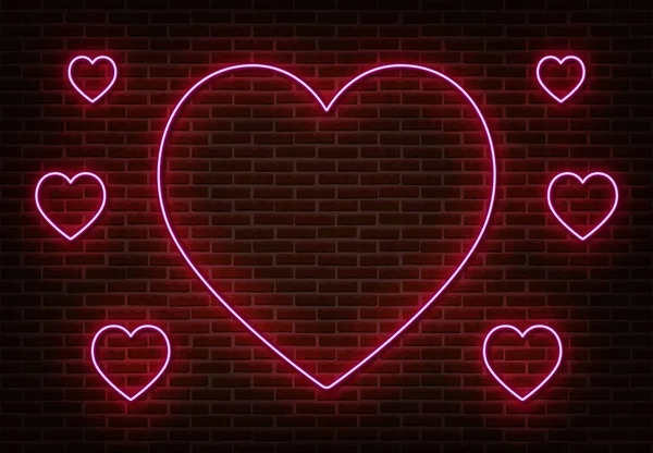 Neonrosa hjärtat tecken vektor isolerad på tegelvägg. Lätt hjärta, butik dekoration element. Neon kärlek — Stock vektor