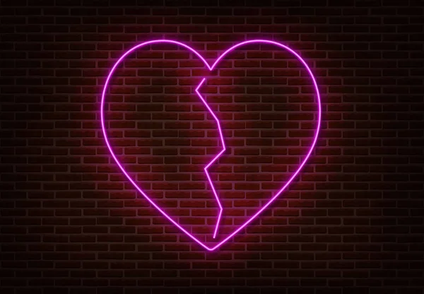 Neon crepa vettore segno cardiaco isolato sul muro di mattoni. Cuore leggero, elemento decorativo negozio. Amore al neon — Vettoriale Stock