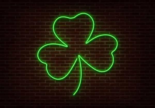 Vektor znamení Shamrock zelený neon izolované na cihlovou zeď. Světlo Happy Patric shop výzdobný prvek. — Stockový vektor