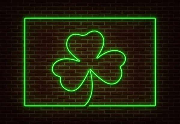 Neon zelený trojlístek s frame znamení vektor izolované na cihlovou zeď. Světlo Happy Patric shop dekora — Stockový vektor