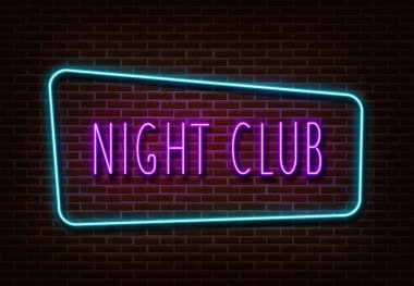 Neon gece kulübü işareti vektör. Işık afiş üzerinde tuğla duvar izole. Gece için Neon metin ışık şablon