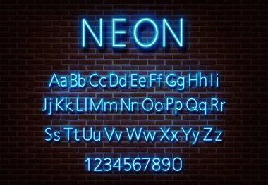 Neon harf alfabe işareti vektör. Tuğla duvara izole mavi yazı tipi ışık işareti. Neon ışık metin depo