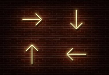 Neon sarı oklar üzerinde tuğla duvar izole. Işık yönü işaret etkisi. Neon okları illustrat vektör