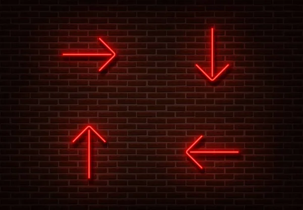 Flechas rojas neón aisladas en la pared de ladrillo. Luz dirección signo efecto. Flechas de neón vector ilustración — Vector de stock