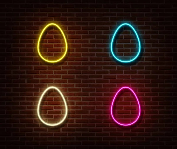 Neón huevos color signo vector aislado en la pared de ladrillo. Símbolo de luz de Pascua, efecto decoración. Huevo de neón — Vector de stock