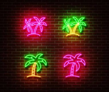 Neon palmiye işareti vektör tuğla duvara izole.