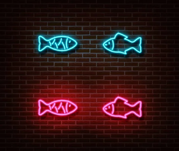 Neón signos de peces vector aislado en la pared de ladrillo . — Vector de stock