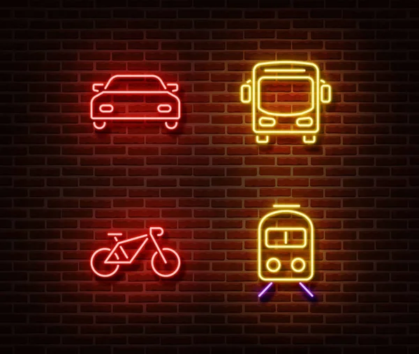 Неонові транспортні знаки вектор ізольовані на цегляній стіні. Автомобіль, автобус, велосипед, символи світла поїзда, декор — стоковий вектор