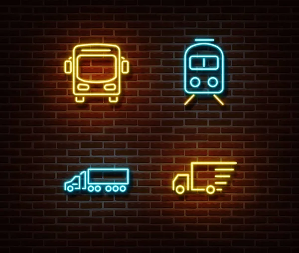Неонові транспортні знаки вектор ізольовані на цегляній стіні. Символи доставки автобусів, поїздів, вантажівок, транзит — стоковий вектор