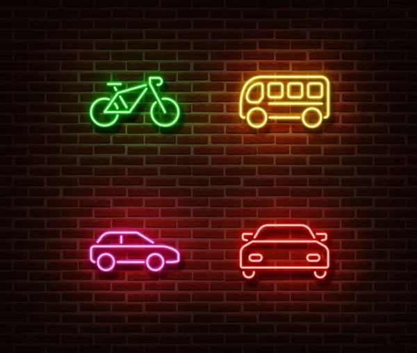 Неонові транспортні знаки вектор ізольовані на цегляній стіні. Велосипед, автобус, автомобіль, символи легкого автомобіля, прикраса е — стоковий вектор