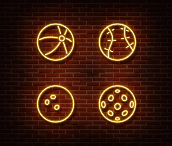 Neón béisbol, bolos, golf, bolas de voleibol signo vector aislado en la pared de ladrillo. Bolas deportivas ligeras — Vector de stock