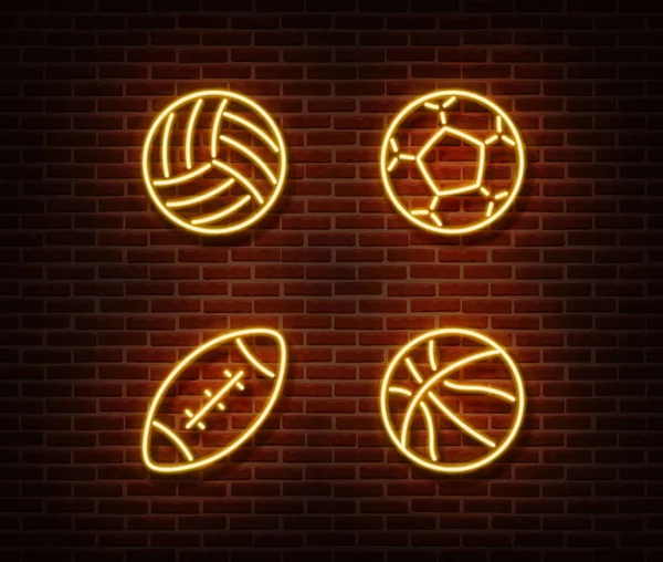 Neon rugby, futbol, basketbol, voleybol topları işaret vektör tuğla duvara izole. Spor topları lig — Stok Vektör