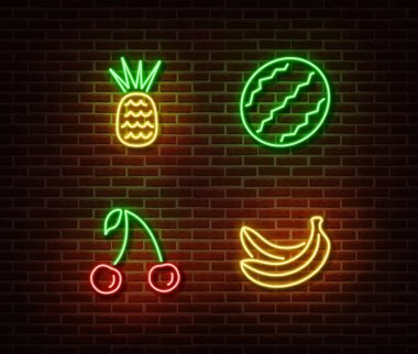 Neon sebze meyve işaretleri vektör tuğla duvara izole. Ananas, karpuz, kiraz, muz li