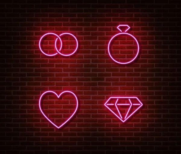 Neon casamento sinais vetor isolado na parede de tijolo. Anéis de casamento, diamante, símbolo de luz do coração, decora — Vetor de Stock