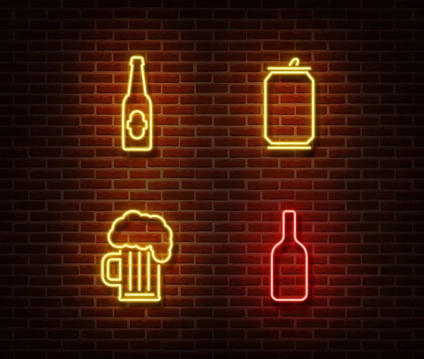 Les boissons alcoolisées au néon indiquent un vecteur isolé sur un mur de briques. Feu Coctail symbole, effet décoration. Ne — Image vectorielle