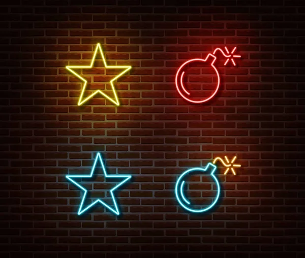 Estrela de néon e sinais de bomba vetor isolado na parede de tijolos. Símbolo de luz de estrela, efeito de decoração. Neon i —  Vetores de Stock