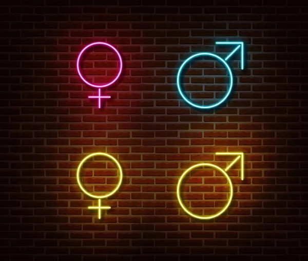 Neon gender symbolen tekenen vector geïsoleerd op bakstenen muur. Mannelijke en vrouwelijke teken licht symbool, lente — Stockvector