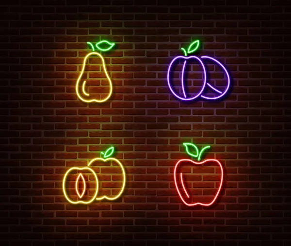 Néon légumes fruits signes vecteur isolé sur le mur de briques. Poire, prunes mûres, pomme, abricot — Image vectorielle