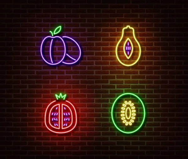 Legumes de néon frutas sinais vetor isolado na parede de tijolo. Ameixas maduras, abacate, granada, kiwi light — Vetor de Stock