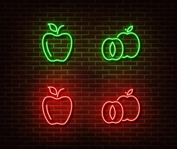 Neon vegetable signs vector isolated on brick wall. Green and red apples light symbol, decoration ef — Stock Vector