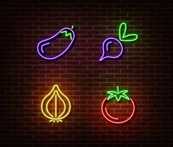 Neón verduras signos vector aislado en la pared de ladrillo. Berenjena, remolacha, cebolla, tomate símbolo ligero , Ilustración De Stock