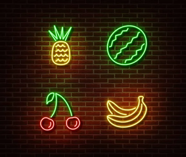 Neon Gemüse Früchte Zeichen Vektor isoliert auf Ziegelmauer. Ananas, Wassermelone, Kirsche, Bananenschale lizenzfreie Stockillustrationen