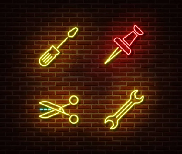 Neon śrubokręt, PIN, nożyczki, klucz znaków wektor izolowane na ścianie cegły. Neonowe narzędzia robocze światło s — Wektor stockowy