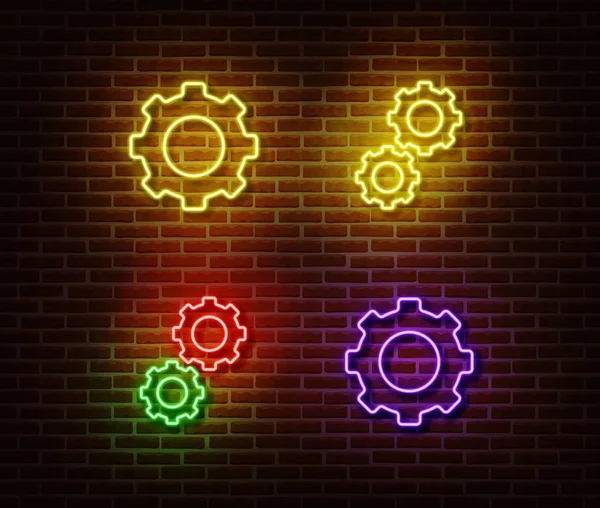 Neon artes sinais vetor isolado na parede de tijolo. Símbolo de luz mecânica de néon. Ilustração vetorial . —  Vetores de Stock