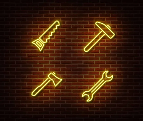 Neon hammare, skiftnyckel, yxa, handsåg skyltar vektor isolerad på tegelvägg. Neon arbetsverktyg ljus symbol — Stock vektor