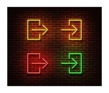 Neon girişi, çıkış işaretleri vektör tuğla duvara izole. Yön kapı ışık sembolü, dekorasyon eff
